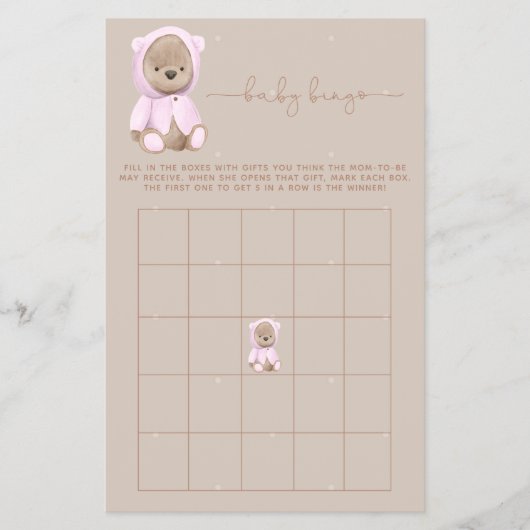 Pink Teddy Bear Baby shower Bingo Game Flyer (Voorkant)