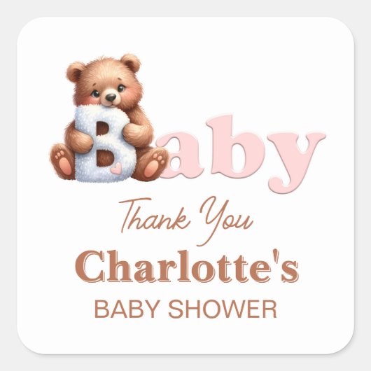 Pink Teddy Bear Baby shower Dank je Vierkante Sticker (Voorkant)