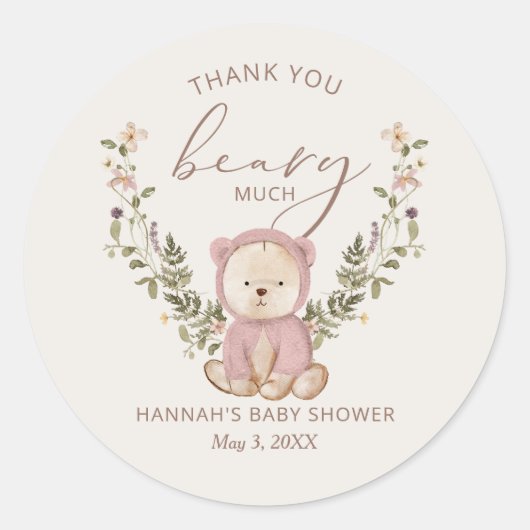 Pink Teddy Bear Baby shower Favor Ronde Sticker (Voorkant)