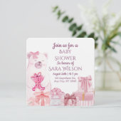 Pink Teddy Bear Baby Shower Invitation Kaart (Staand voorkant)
