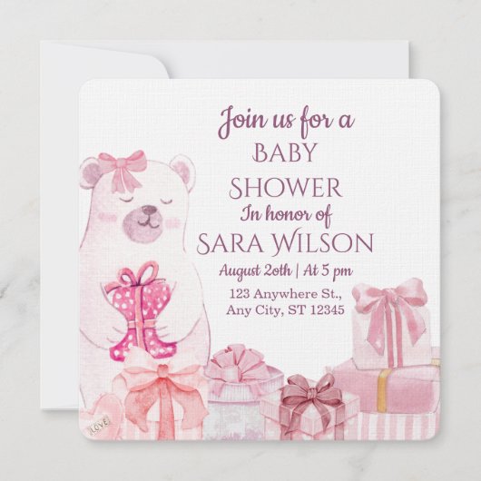 Pink Teddy Bear Baby Shower Invitation Kaart (Voorkant)