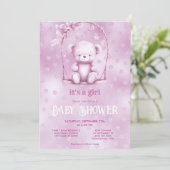 Pink Teddy Bear Baby shower Invitation Kaart (Staand voorkant)