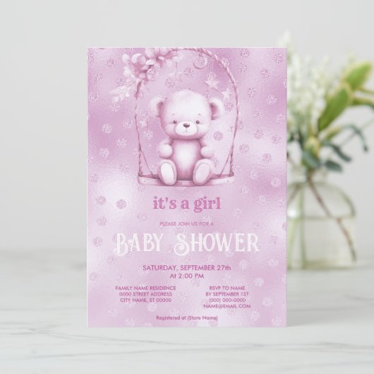 Pink Teddy Bear Baby shower Invitation Kaart (Staand voorkant)