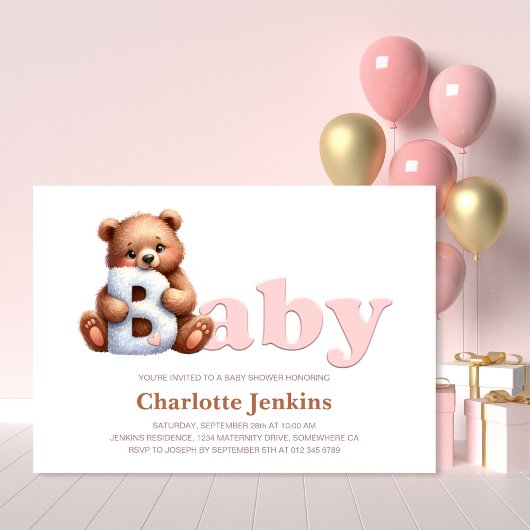 Pink Teddy Bear Baby shower Invitation Kaart