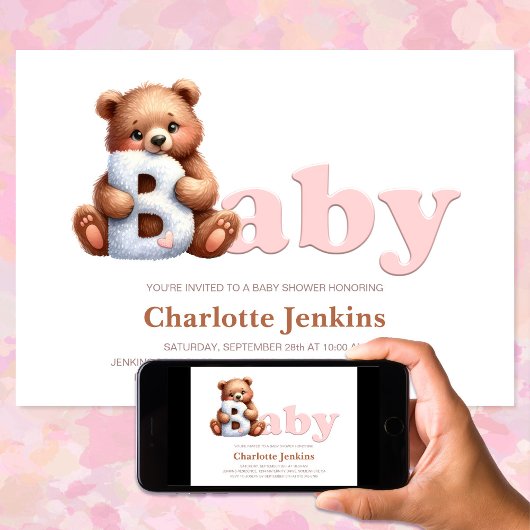 Pink Teddy Bear Baby shower Invitation Kaart