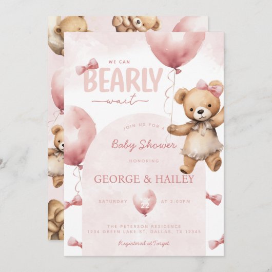 Pink Teddy Bear Baby shower Invitation Kaart (Voorkant / Achterkant)