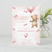 Pink Teddy Bear Baby shower Invitation Kaart (Staand voorkant)