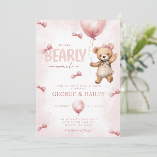 Pink Teddy Bear Baby shower Invitation Kaart (Staand voorkant)