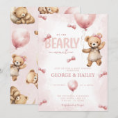 Pink Teddy Bear Baby shower Invitation Kaart (Voorkant / Achterkant)