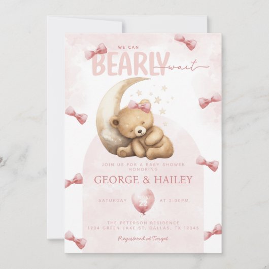 Pink Teddy Bear Baby shower Invitation Kaart (Voorkant)