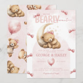 Pink Teddy Bear Baby shower Invitation Kaart (Voorkant / Achterkant)