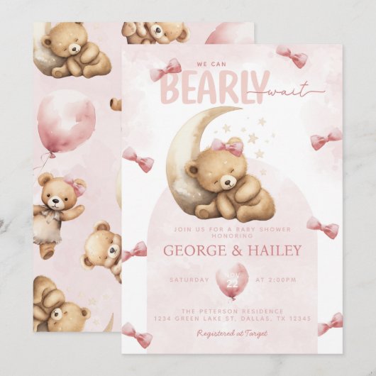 Pink Teddy Bear Baby shower Invitation Kaart (Voorkant / Achterkant)