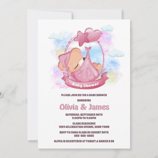 Pink Teddy Bear Baby shower Kaart (Voorkant)