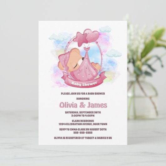 Pink Teddy Bear Baby shower Kaart (Staand voorkant)