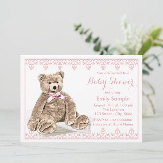 Pink Teddy Bear Baby shower Kaart (Staand voorkant)
