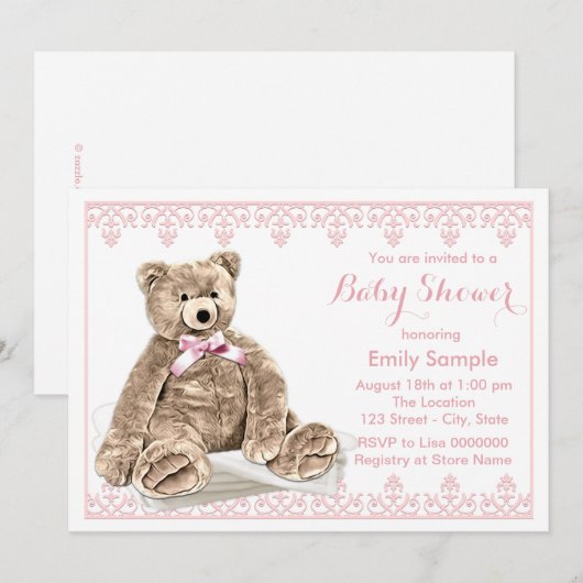 Pink Teddy Bear Baby shower Kaart (Voorkant / Achterkant)