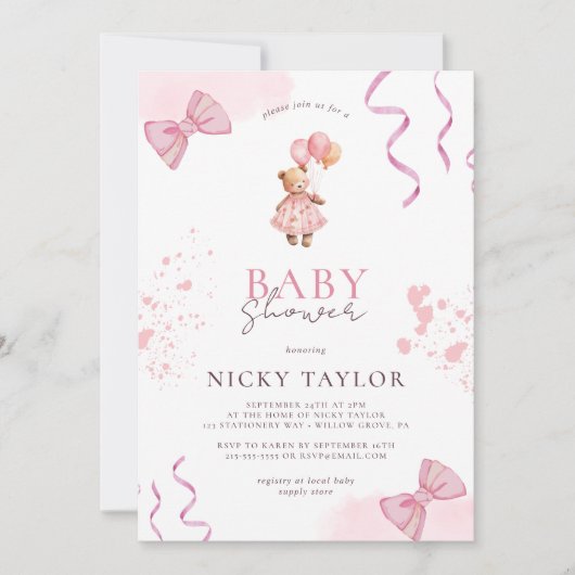 Pink Teddy Bear Baby shower Kaart (Voorkant)