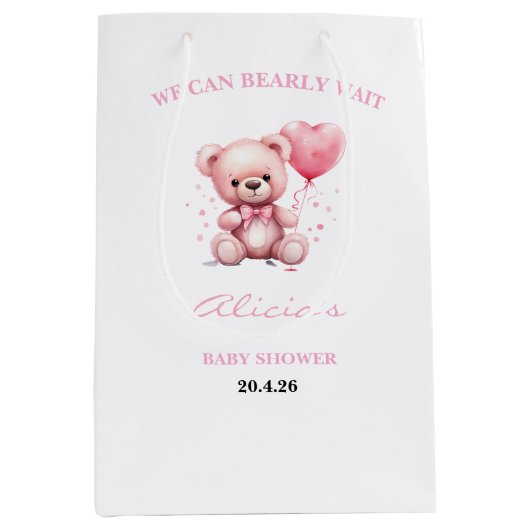 Pink Teddy Bear Baby Shower Medium Cadeauzakje (Voorkant)