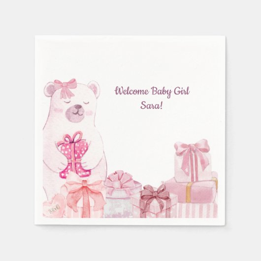 Pink Teddy Bear Baby Shower Napkin Servet (Voorkant)
