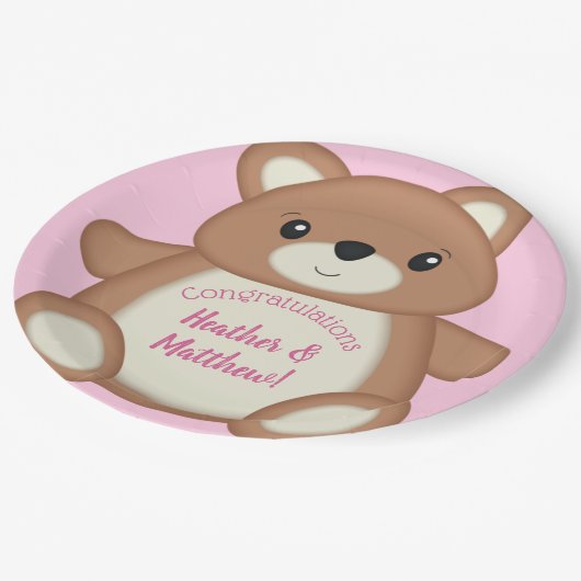 Pink Teddy Bear Baby shower Papieren Bordje (Gekanteld)