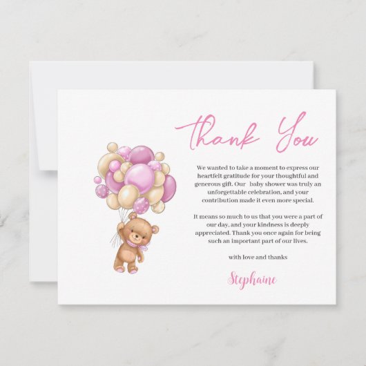Pink Teddy Bear  Baby shower thank you Feestdagenkaart (Voorkant)