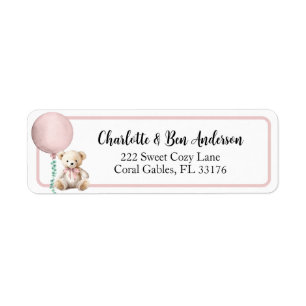 Pink Teddy Bear Balloon Adres Label