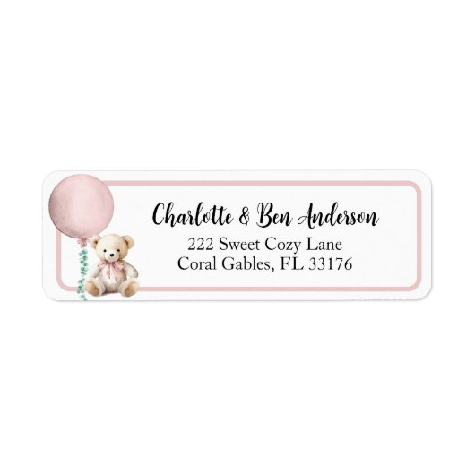 Pink Teddy Bear Balloon Adres Label (Voorkant)