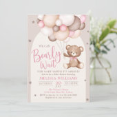 Pink Teddy Bear Balloon Barly Wait Baby shower Kaart (Staand voorkant)