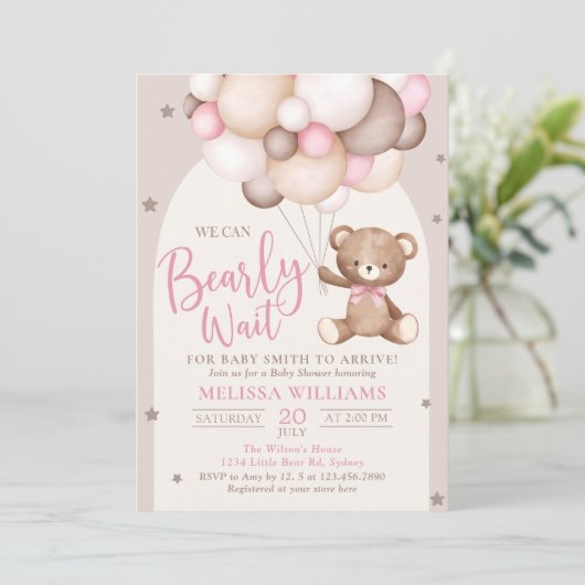Pink Teddy Bear Balloon Barly Wait Baby shower Kaart (Staand voorkant)