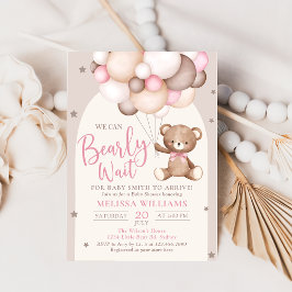 Pink Teddy Bear Balloon Barly Wait Baby shower Kaart