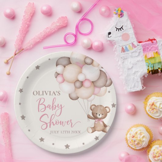Pink Teddy Bear Balloon Barly Wait Baby shower Papieren Bordje (Feest)