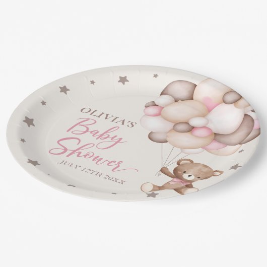 Pink Teddy Bear Balloon Barly Wait Baby shower Papieren Bordje (Gekanteld)