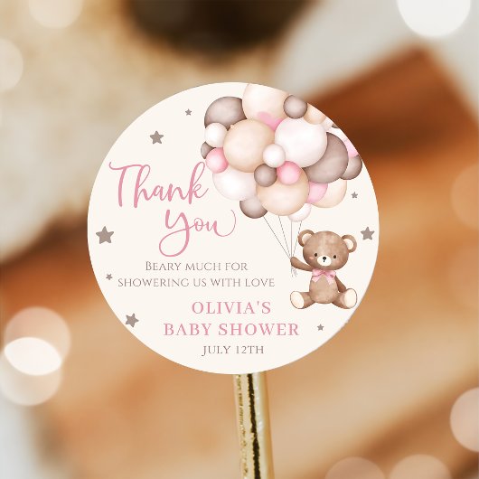 Pink Teddy Bear Balloon Barly Wait Baby shower Ronde Sticker