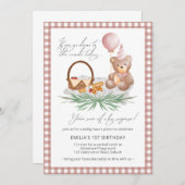 Pink Teddy Bear Balloon Picnic 1e verjaardag Kaart (Voorkant / Achterkant)