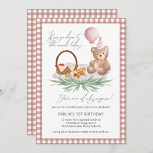Pink Teddy Bear Balloon Picnic 1e verjaardag Kaart