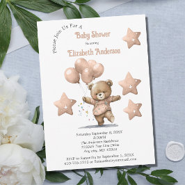 Pink Teddy Bear Balloons Stars Girl Baby shower Kaart