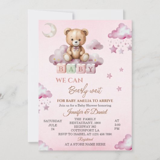 Pink Teddy Bear Barly Wait Baby shower Kaart (Voorkant)