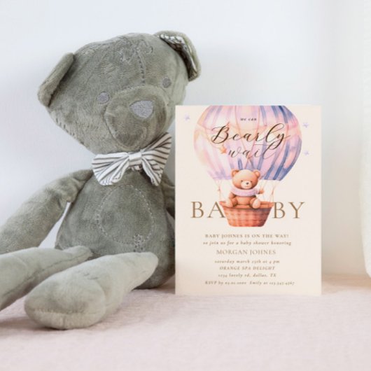 Pink Teddy Bear Barly Wait Baby shower Kaart