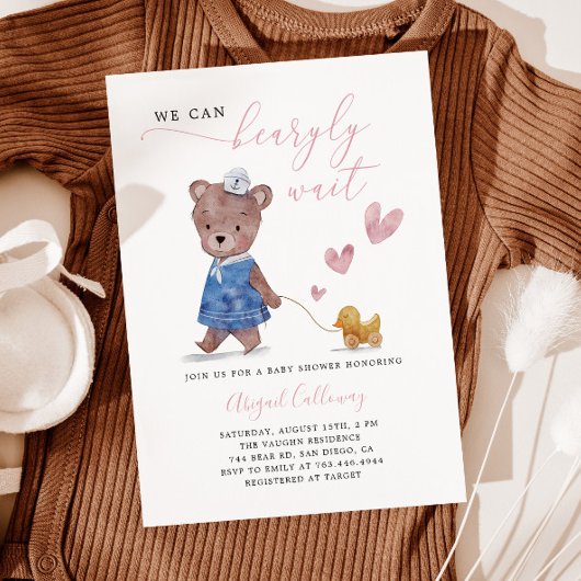 Pink Teddy Bear Barly Wait Baby shower Kaart