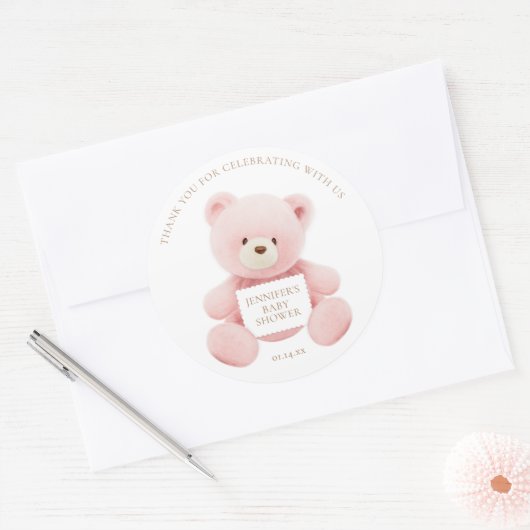 Pink Teddy Bear Bedankt Ronde Sticker (Envelop)