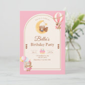 Pink Teddy Bear Birthday Invitation, Girl Birthday Kaart (Staand voorkant)