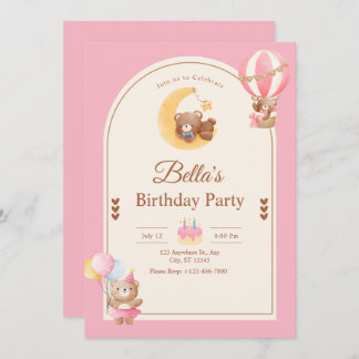 Pink Teddy Bear Birthday Invitation, Girl Birthday Kaart