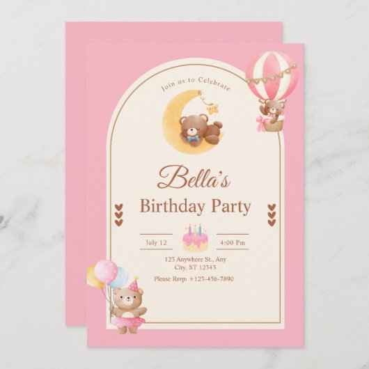 Pink Teddy Bear Birthday Invitation, Girl Birthday Kaart (Voorkant / Achterkant)