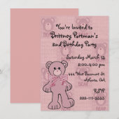 Pink Teddy Bear Birthday Uitnodiging (Voorkant / Achterkant)