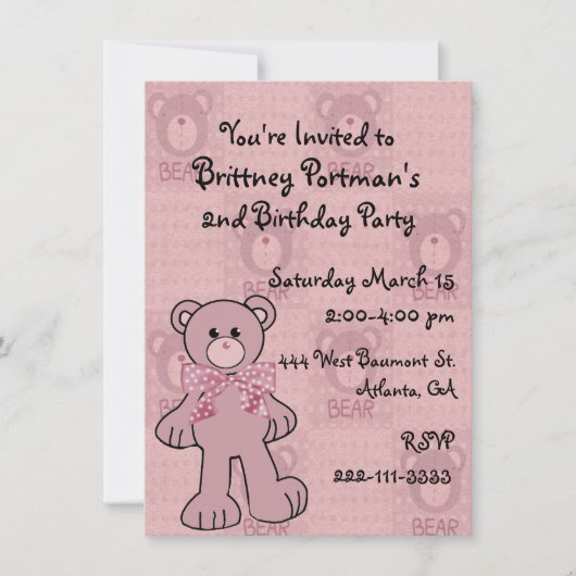 Pink Teddy Bear Birthday Uitnodiging (Voorkant)