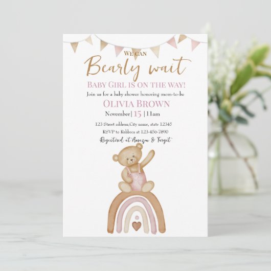 Pink Teddy Bear Design invitation Save The Date (Staand voorkant)