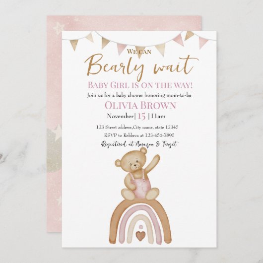 Pink Teddy Bear Design invitation Save The Date (Voorkant / Achterkant)