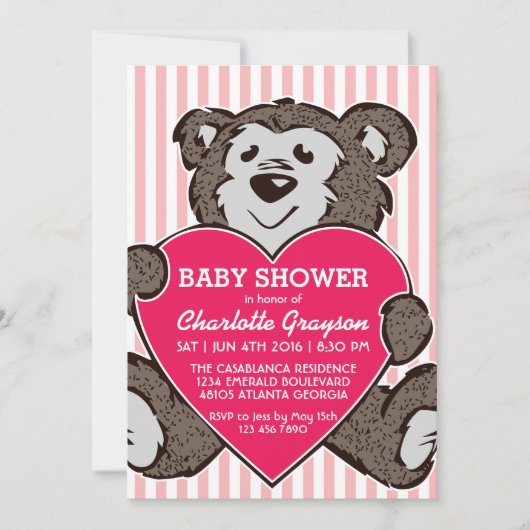 Pink Teddy Bear en Heart Baby shower Invitation Kaart (Voorkant)
