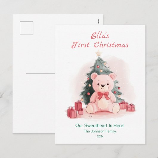 Pink Teddy Bear First Christmas Postcard Feestdagenkaart (Voorkant / Achterkant)