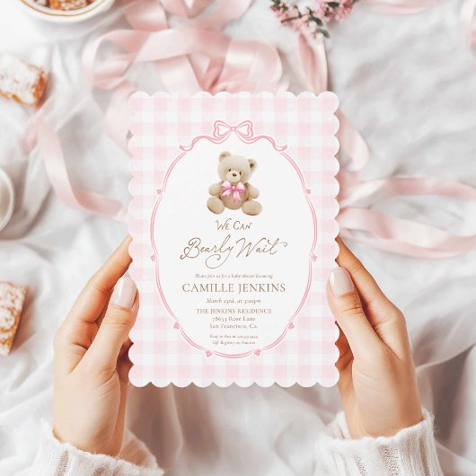 Pink Teddy Bear Gingham Baby shower Uitnodiging